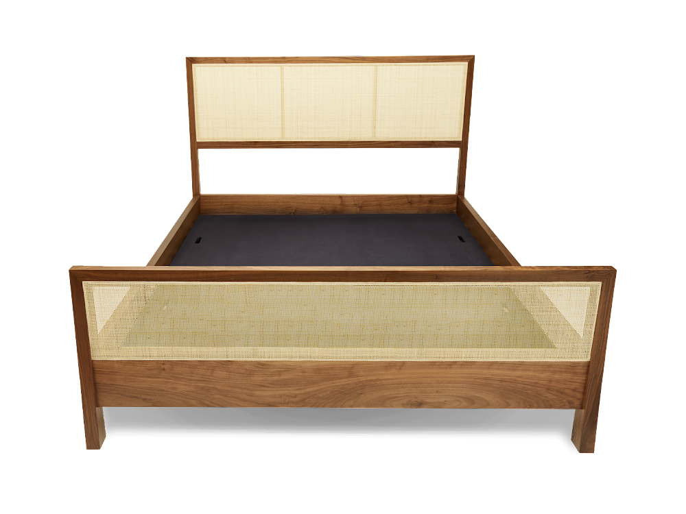 a bed with a wooden frame and headboard