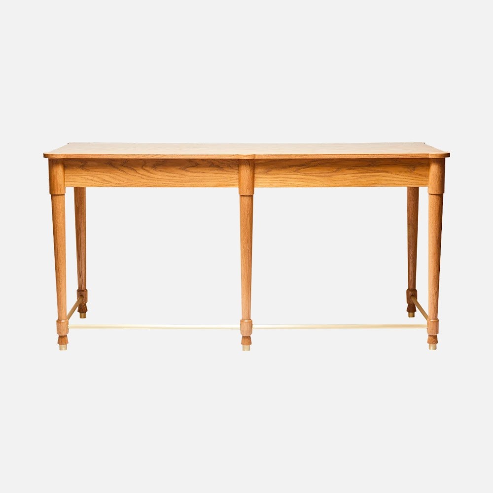 a wooden table with two legs on a white background