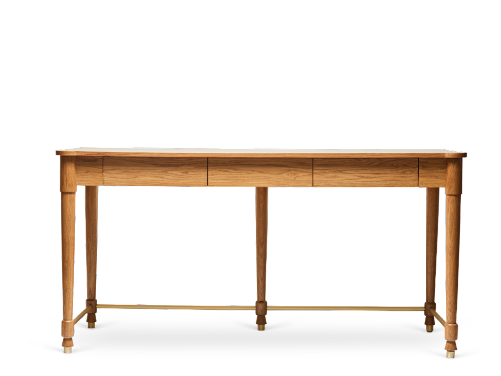a wooden desk with two drawers on it