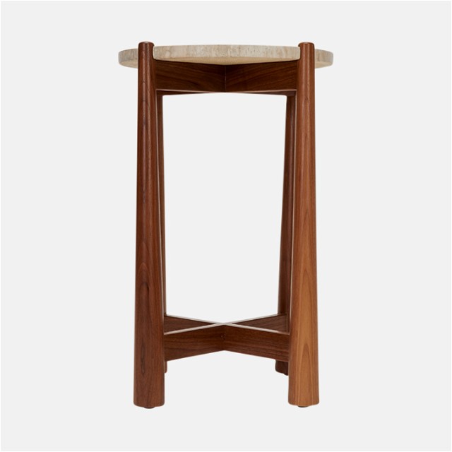 a wooden stool with a cushion on top of it