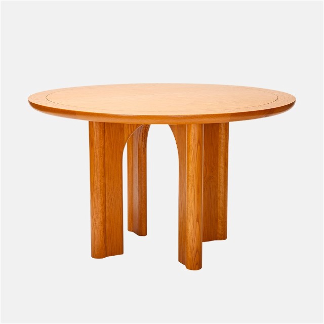 a round wooden table with two legs