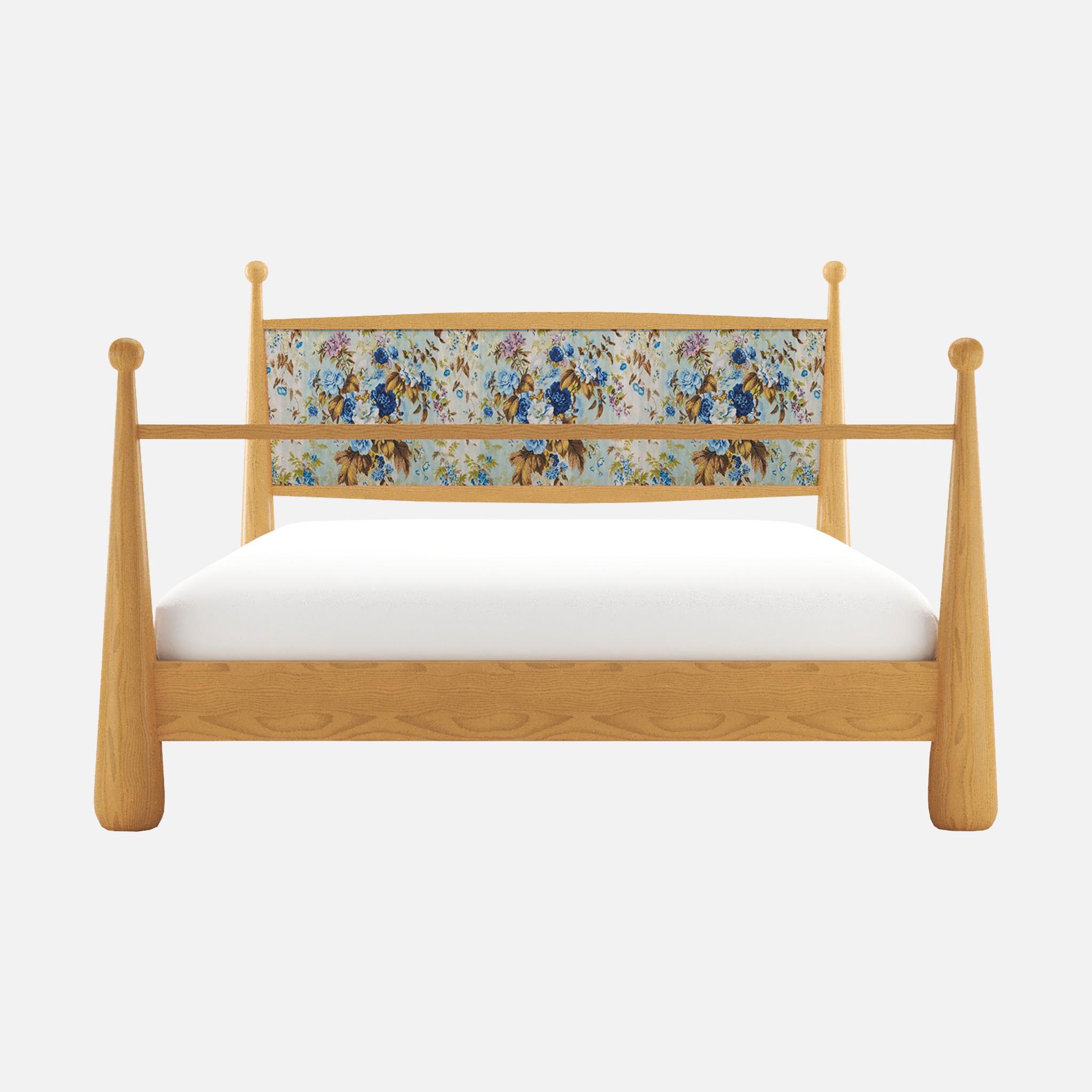 a bed with a wooden frame and white sheets