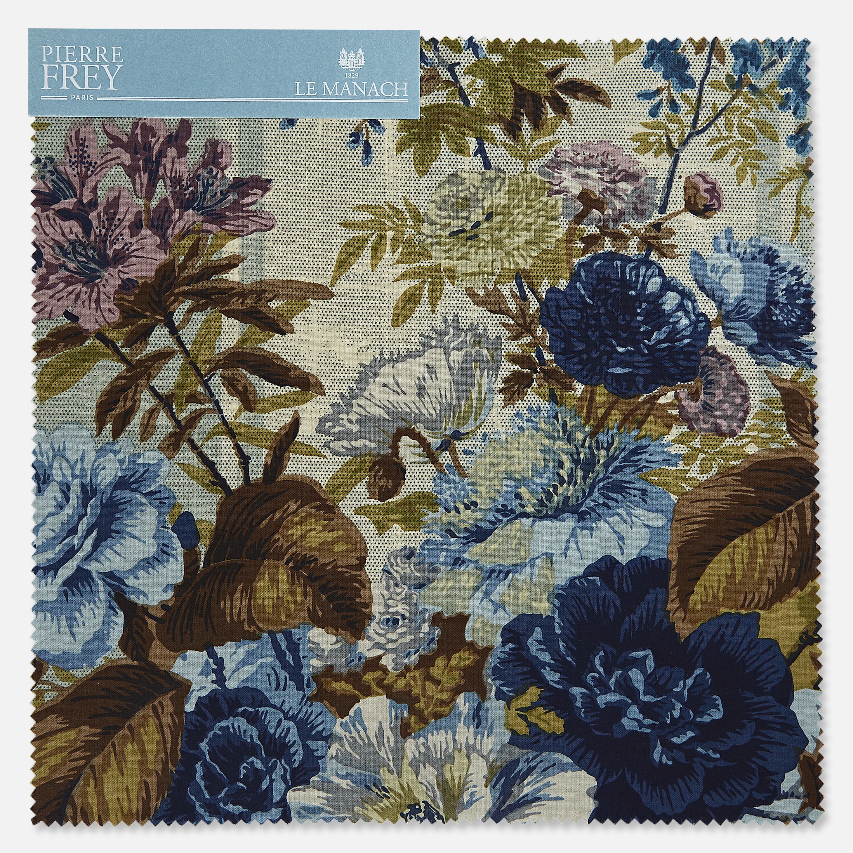 a blue and white floral print on a beige background