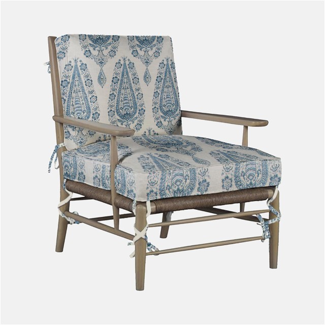 a blue and white chair with a wooden frame