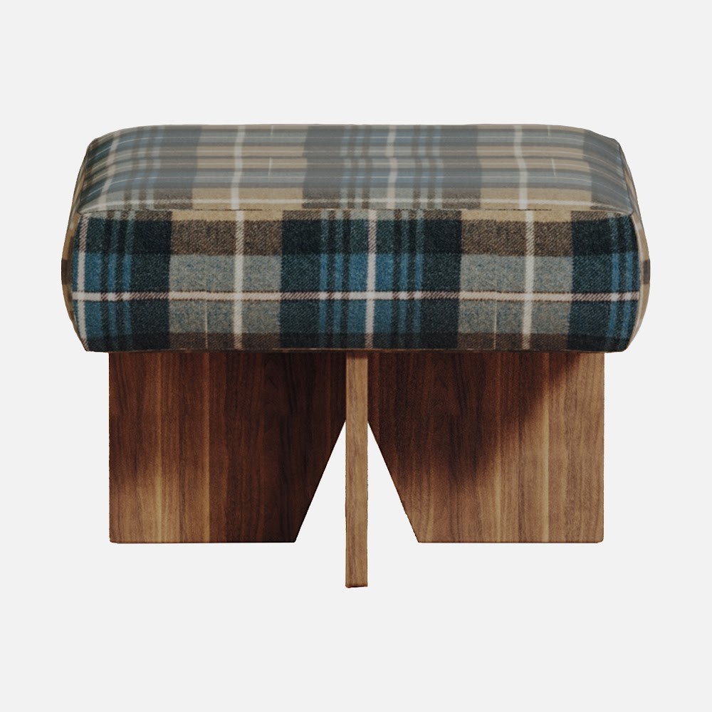 a bench with a plaid cover on top of it