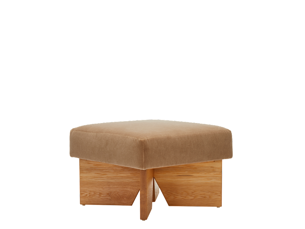 a wooden stool with a tan seat cushion