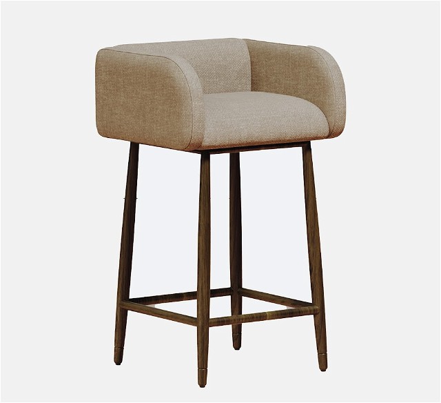 a bar stool with a beige upholstered seat