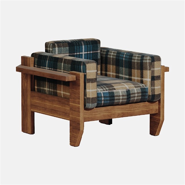 a wooden chair with a plaid upholstered seat
