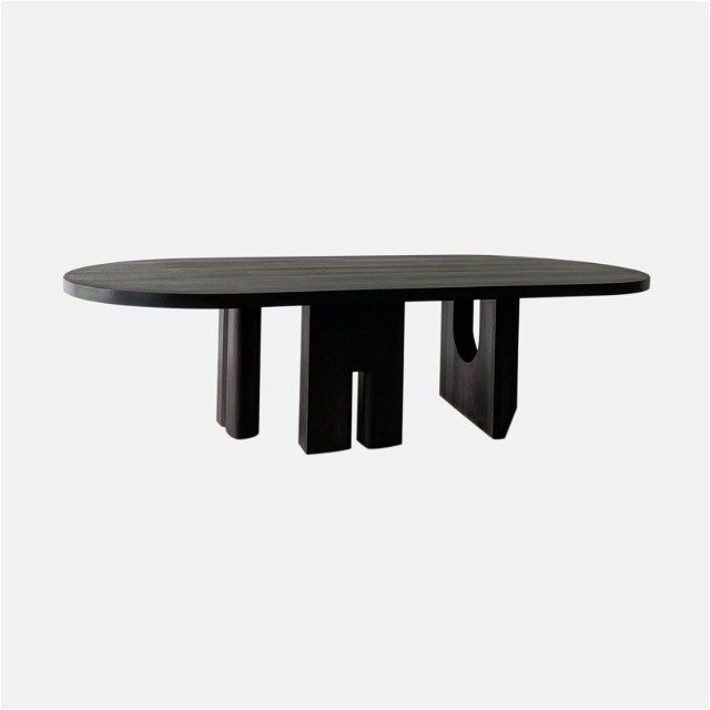 a black table with two black legs and a black table top