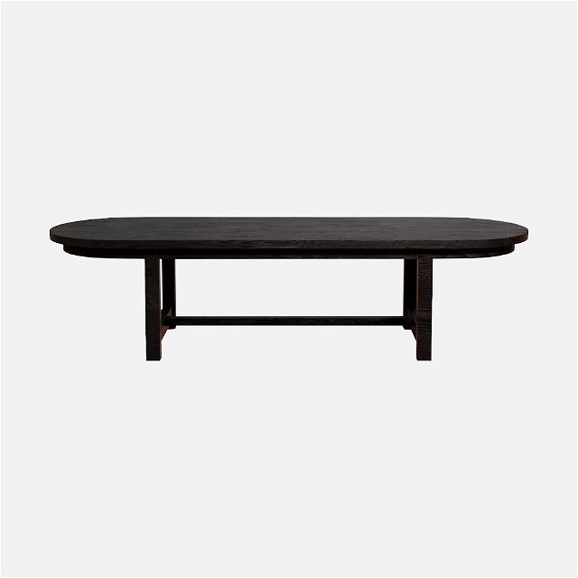 a wooden table with a black top on a white background