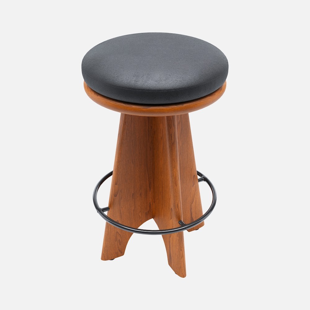 a wooden stool with a black leather seat