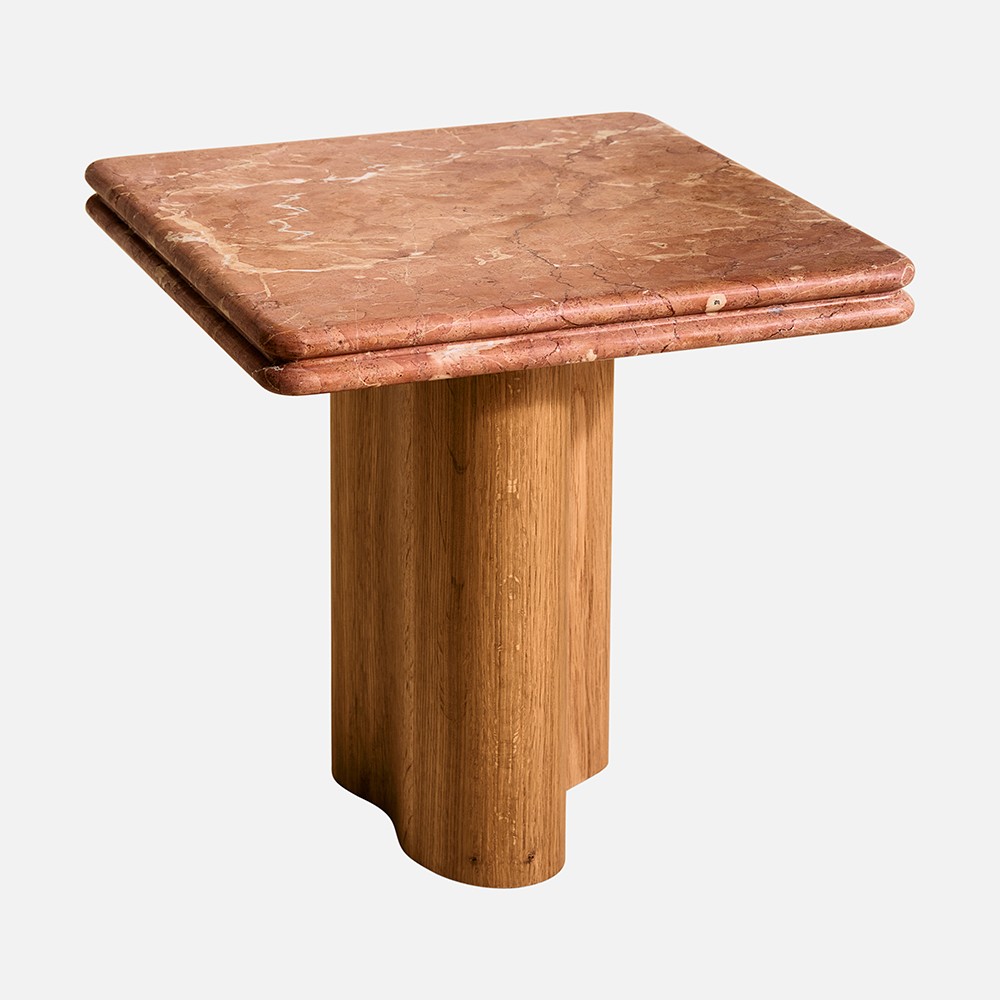 a wooden table with a marble top on a white background