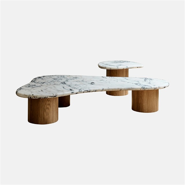 a white marble table with two wooden bases