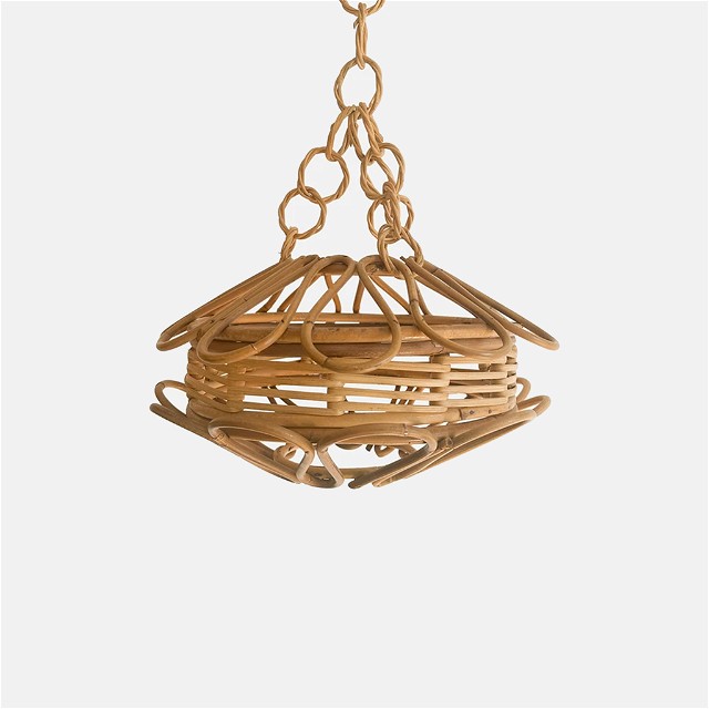 a wooden light fixture hanging from a chain