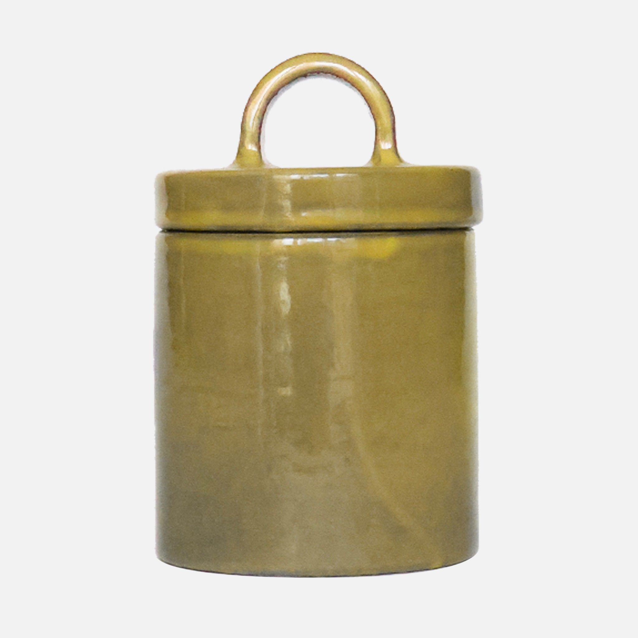 a yellow canister with a handle on a white background