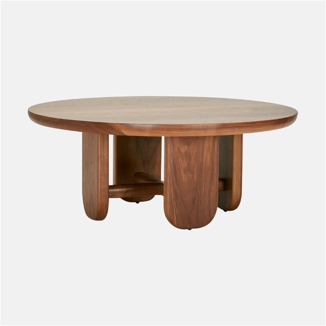 a wooden table with a circular wooden table top