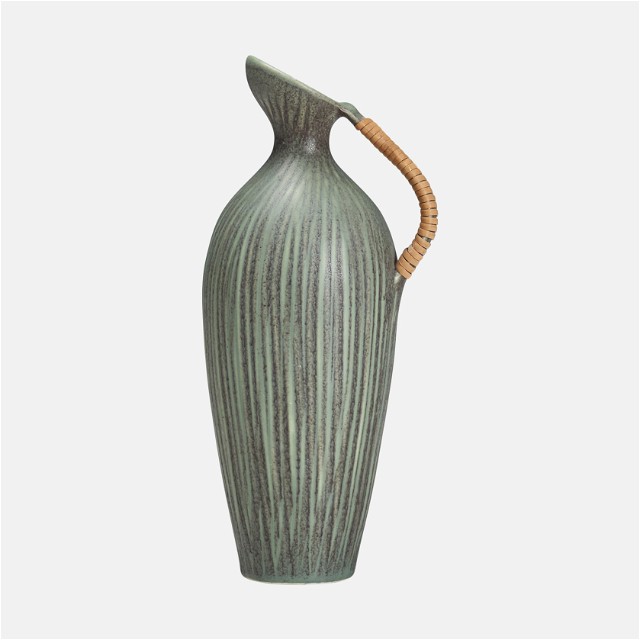 Stoneware Pitcher with Rattan Handle