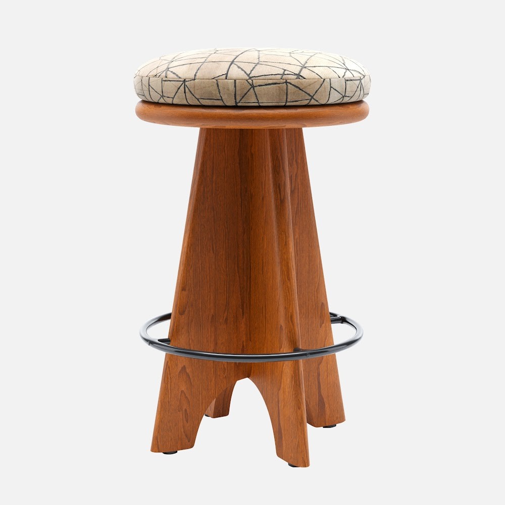 a wooden stool with a cushion on top of it
