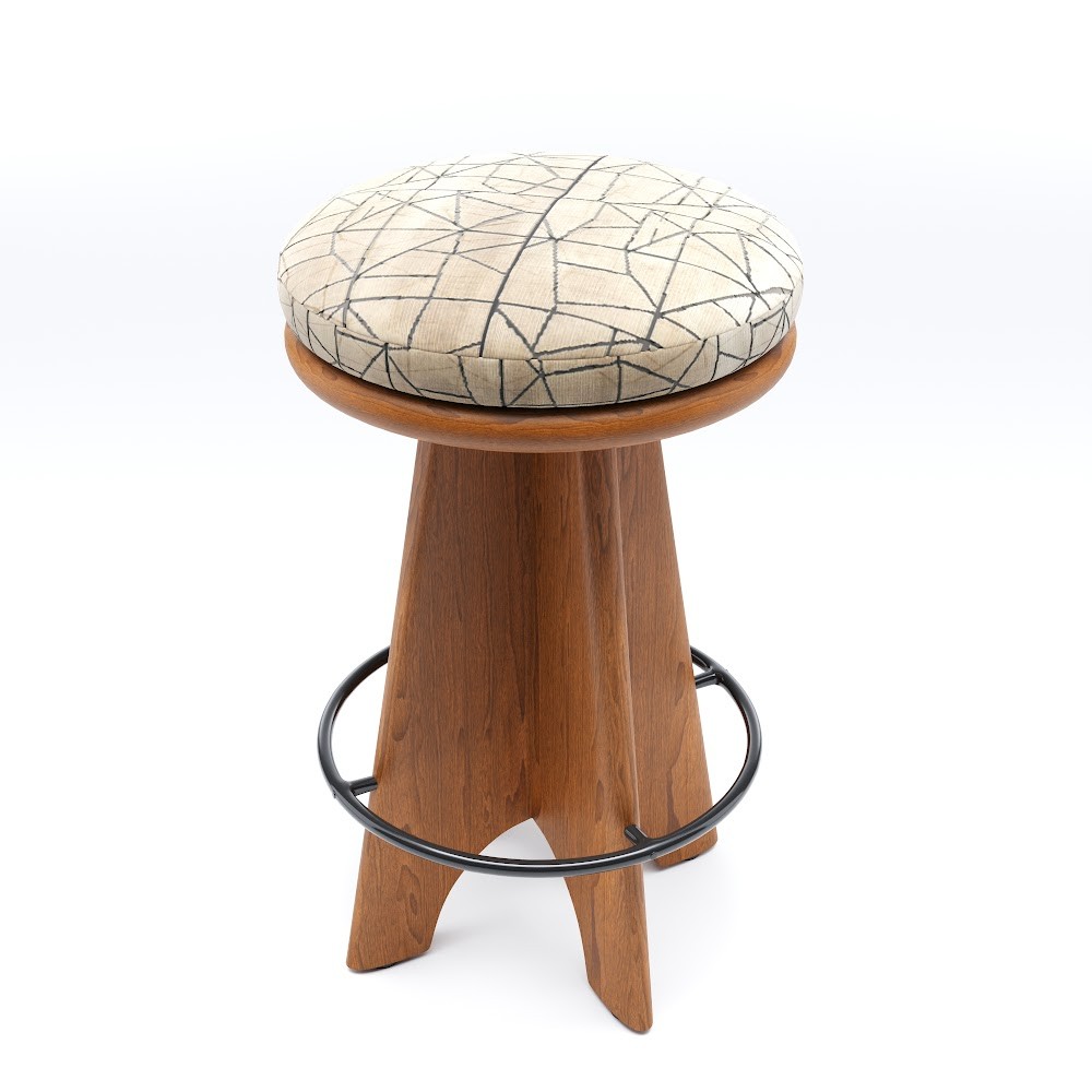 a wooden stool with a white cushion on it