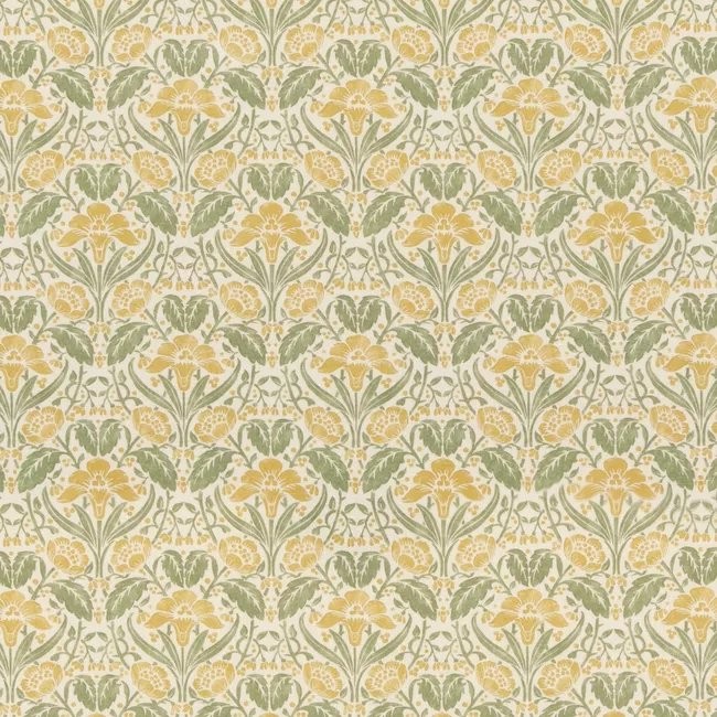 a yellow and green floral pattern on a white background