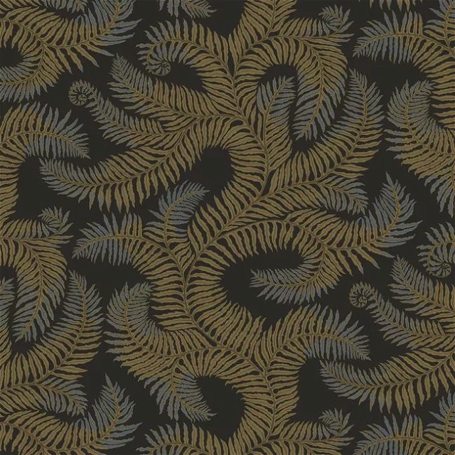 a black and gold wallpaper with a pattern of leaves