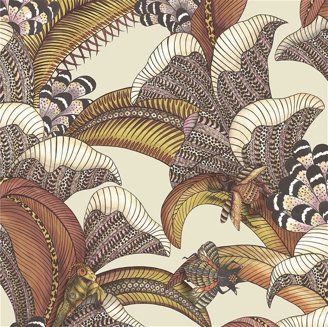 a pattern of leaves and flowers on a beige background