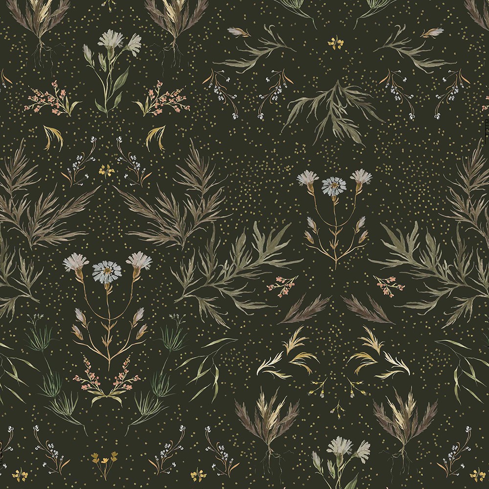 a pattern of flowers and plants on a black background