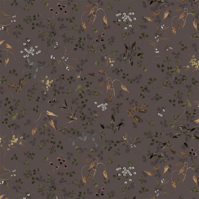a pattern of leaves and berries on a brown background