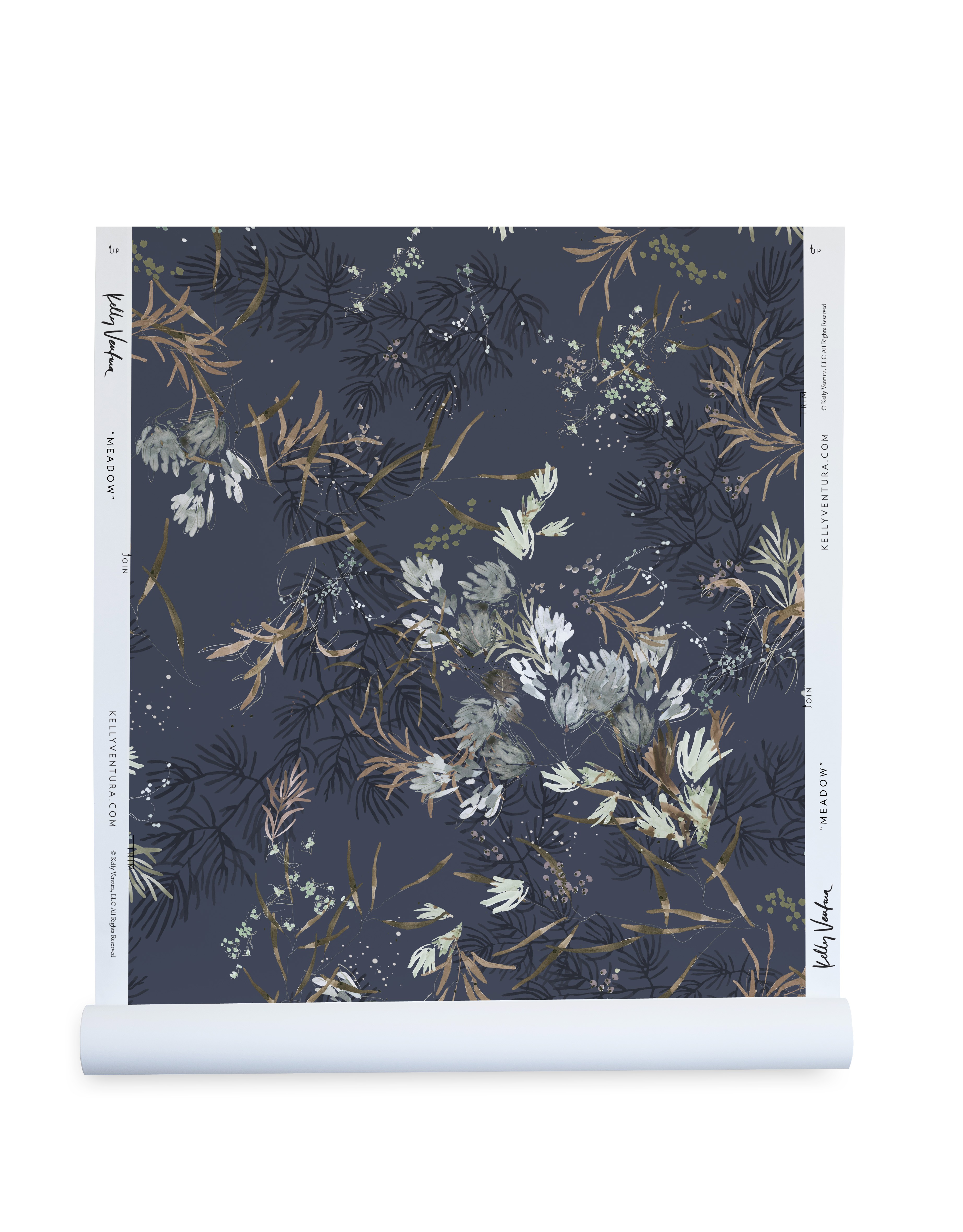 a blue wallpaper with white flowers on it