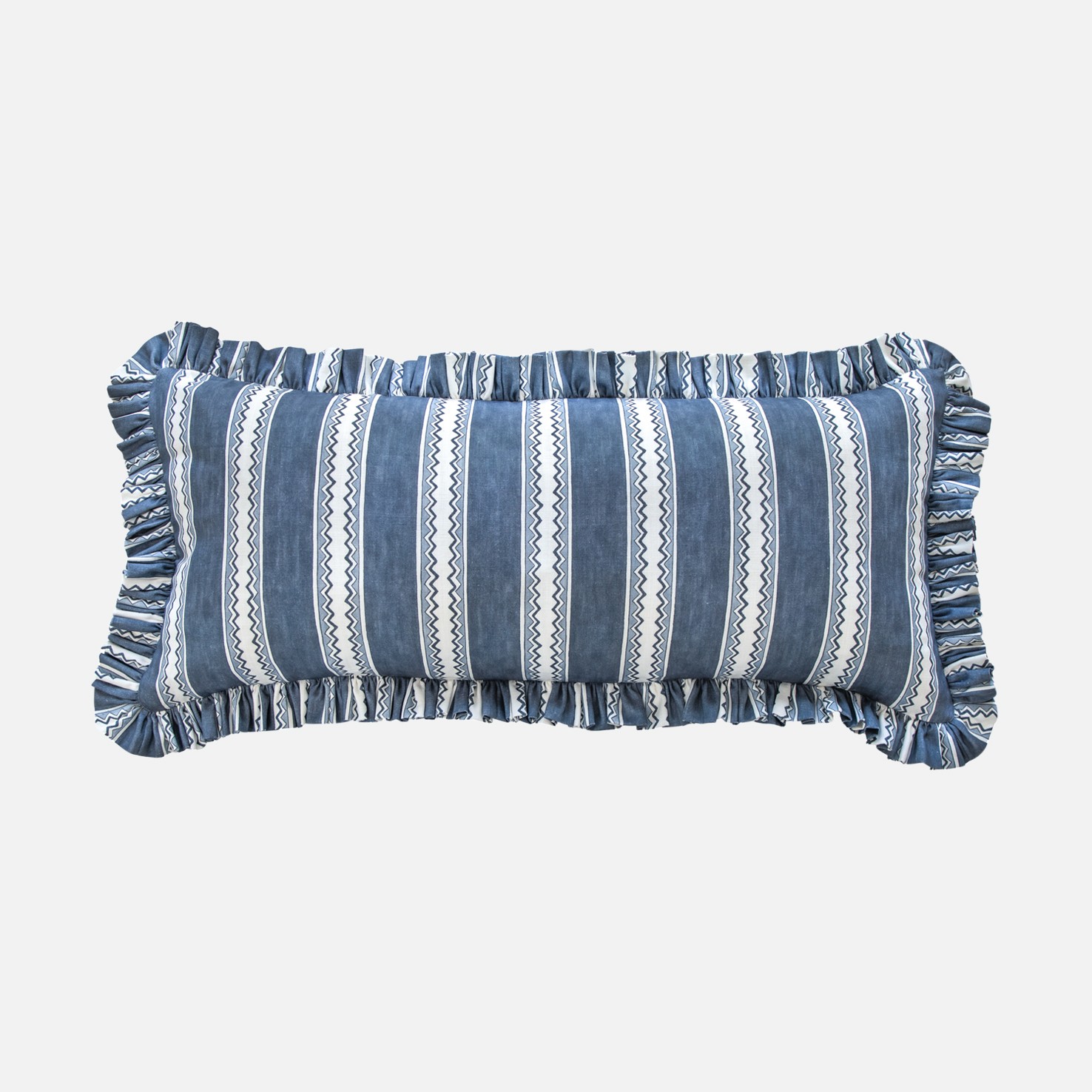 a blue and white striped pillow on a white background