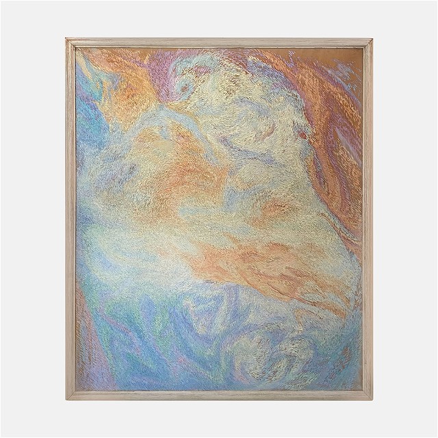a painting of a blue, orange, and yellow background