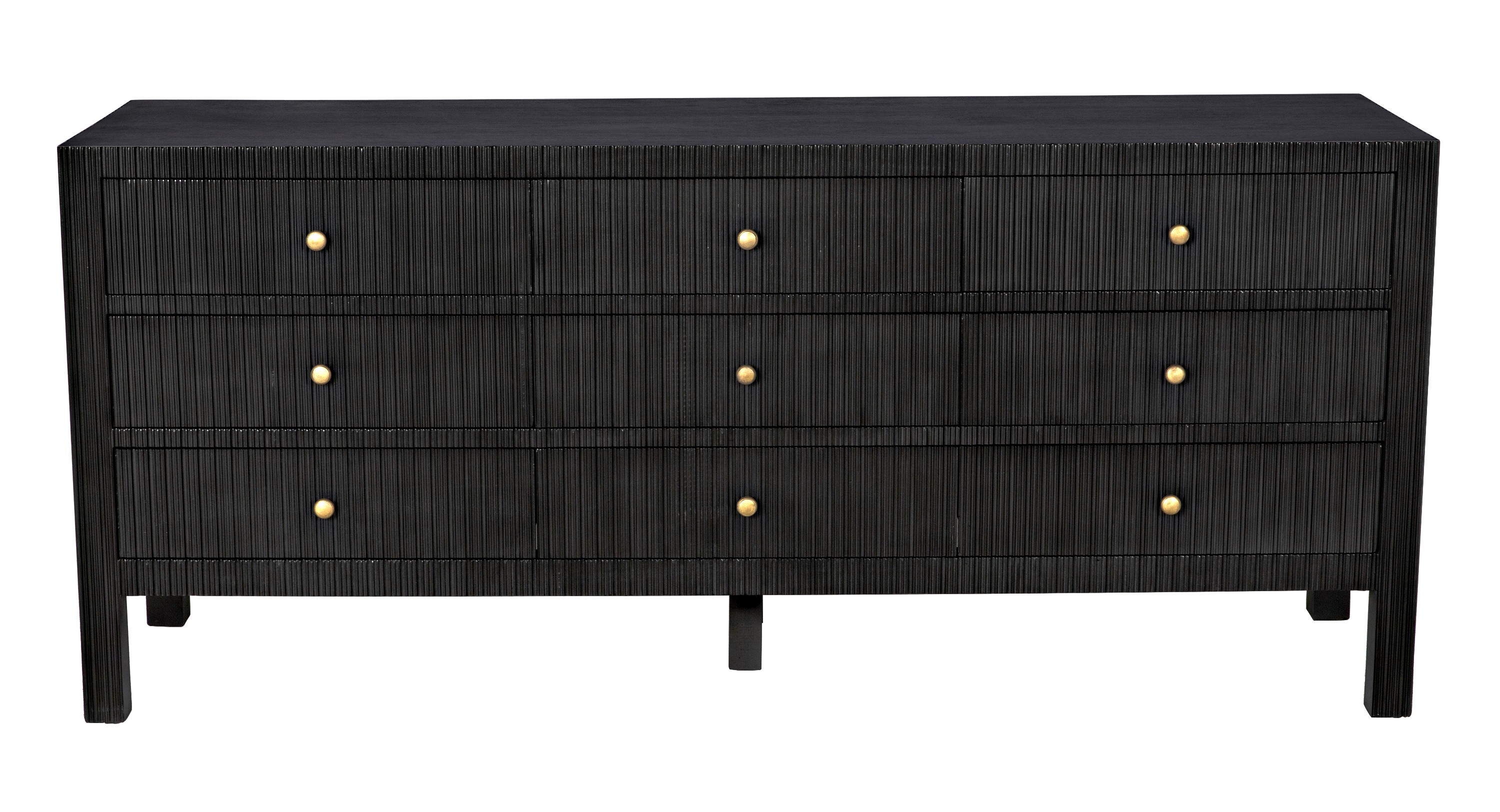 a black chest of drawers with gold knobs