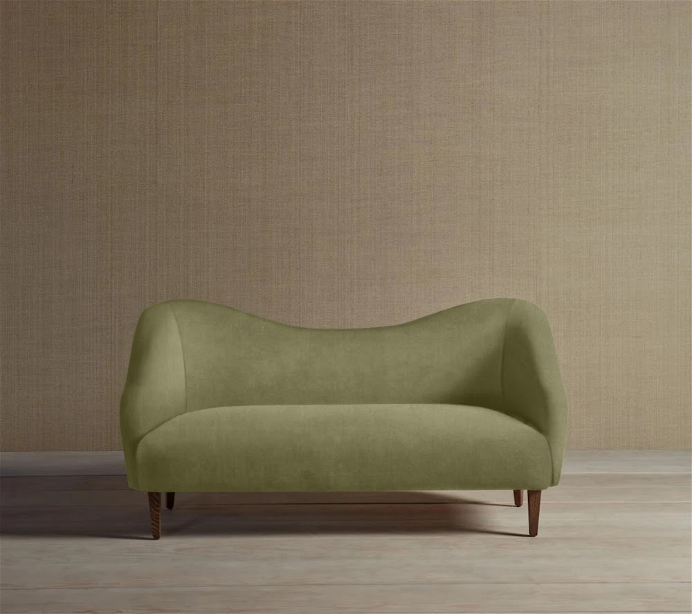 The Expert - Classic Curved Settee - Cotton Velvet Sage, Brown Oak