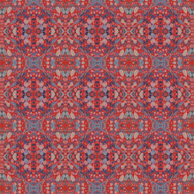 a red, blue, and grey pattern with a red background