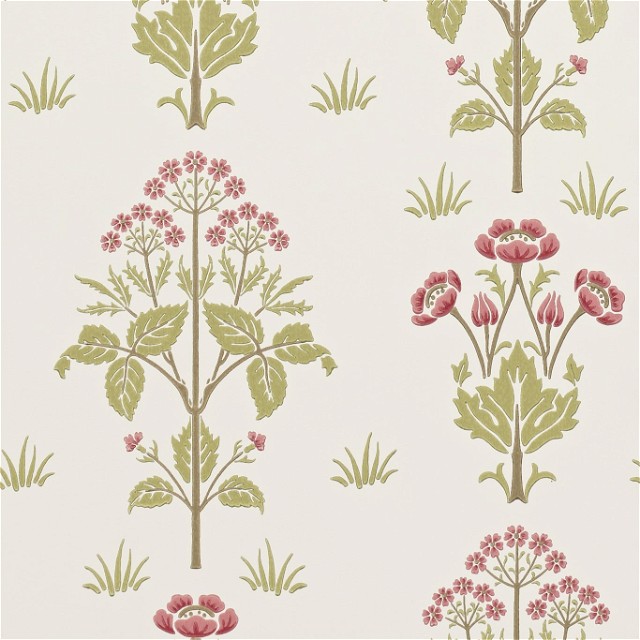 a floral wallpaper with pink flowers and green leaves