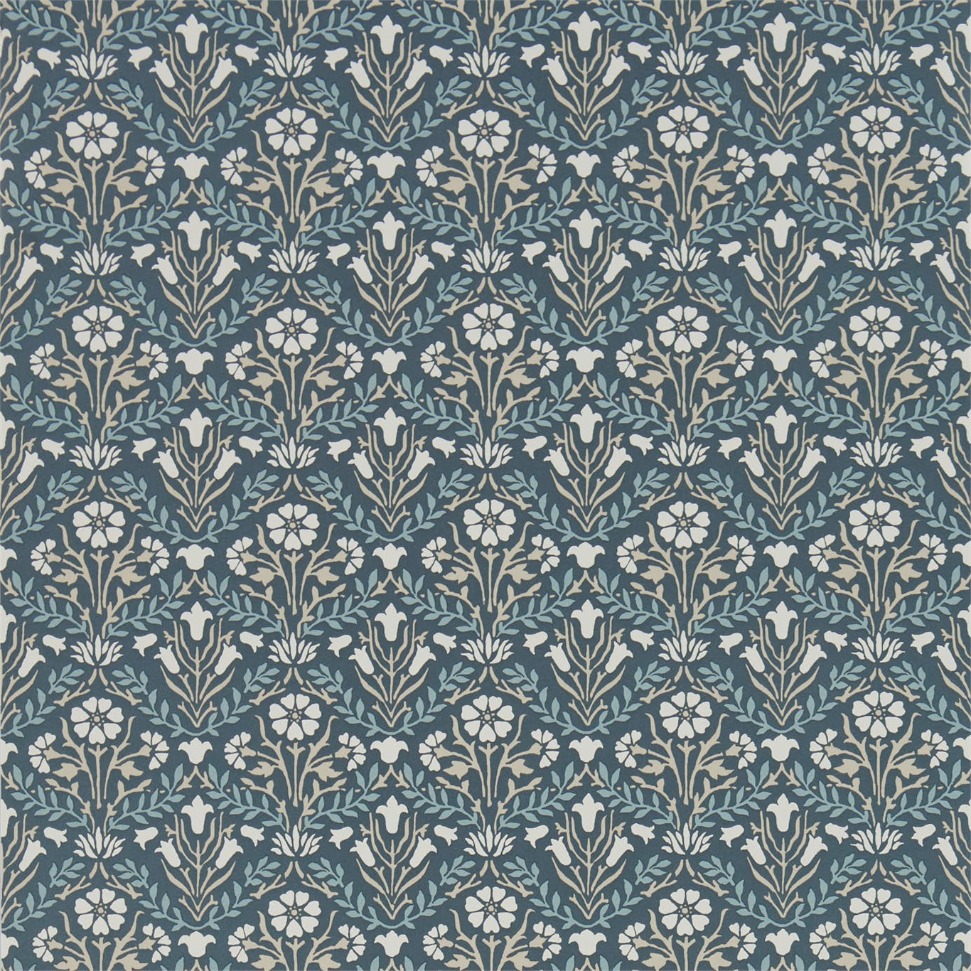 a blue and white wallpaper with flowers and leaves