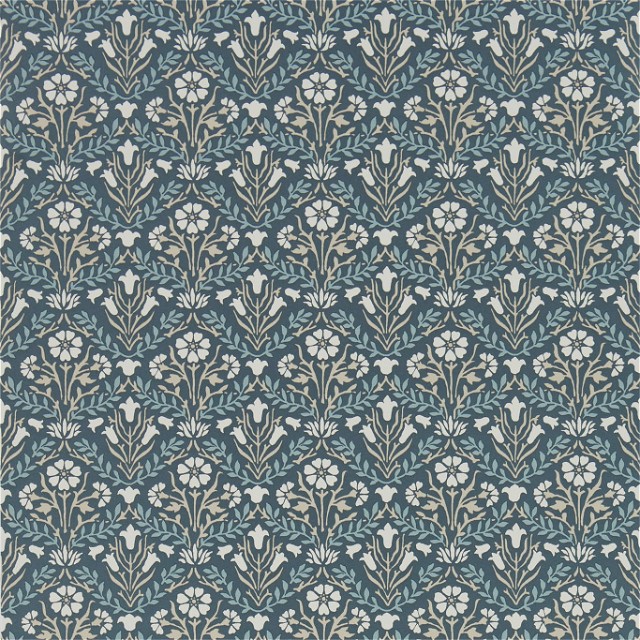 a blue and white wallpaper with flowers and leaves