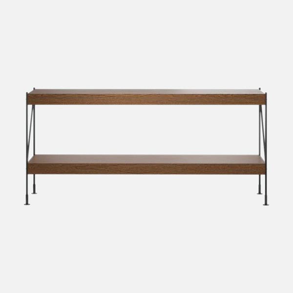 a wooden shelf with metal legs on a white background