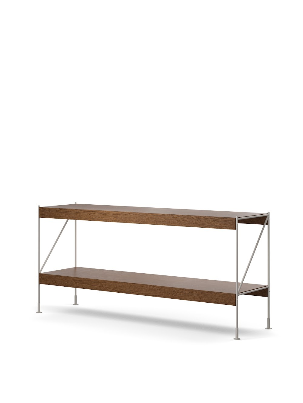 a wooden shelf with metal legs on a white background