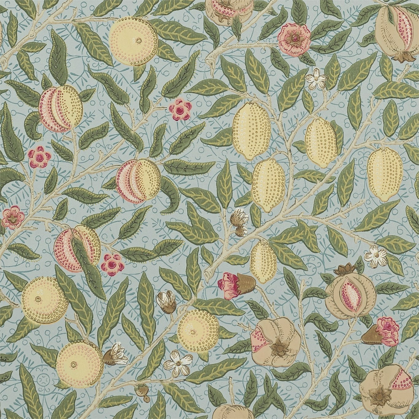 a wallpaper with fruit and leaves on a blue background