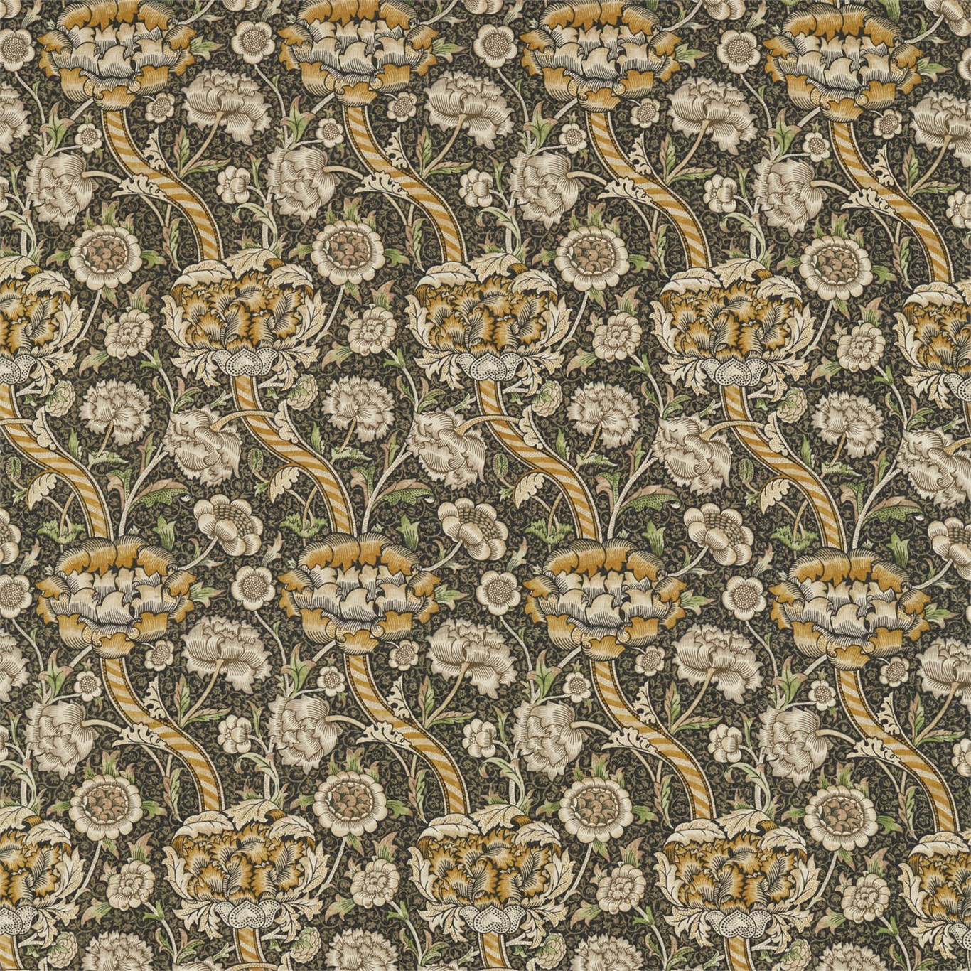 a pattern of flowers and leaves on a brown background
