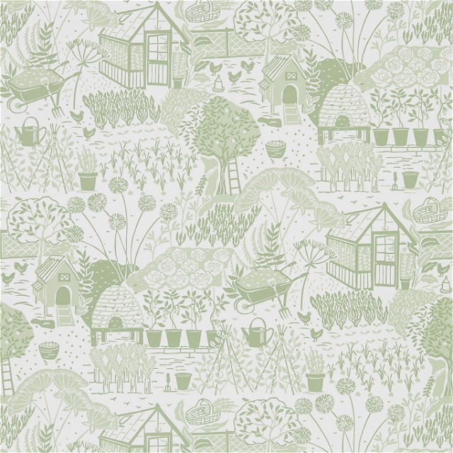 a green and white wallpaper with a garden scene