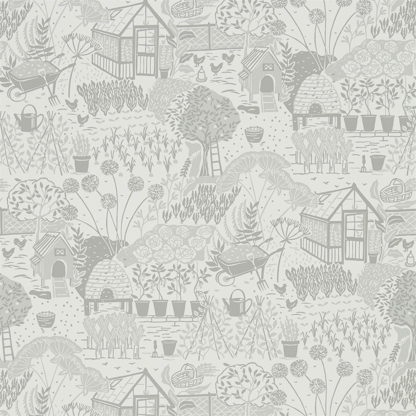 a gray and white wallpaper with a garden scene