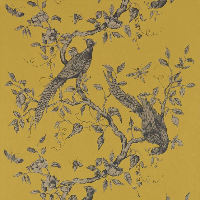 a yellow wallpaper with two birds on a tree branch