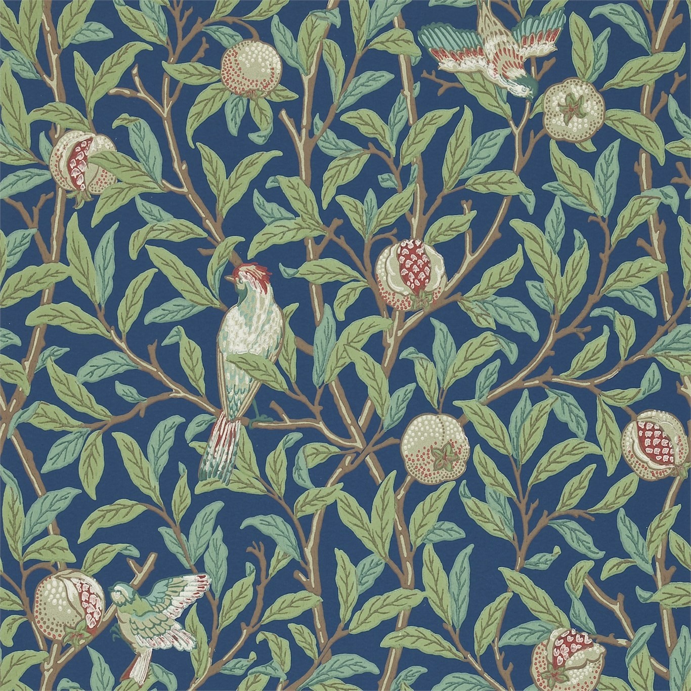 a blue and green wallpaper with birds and pomegranates