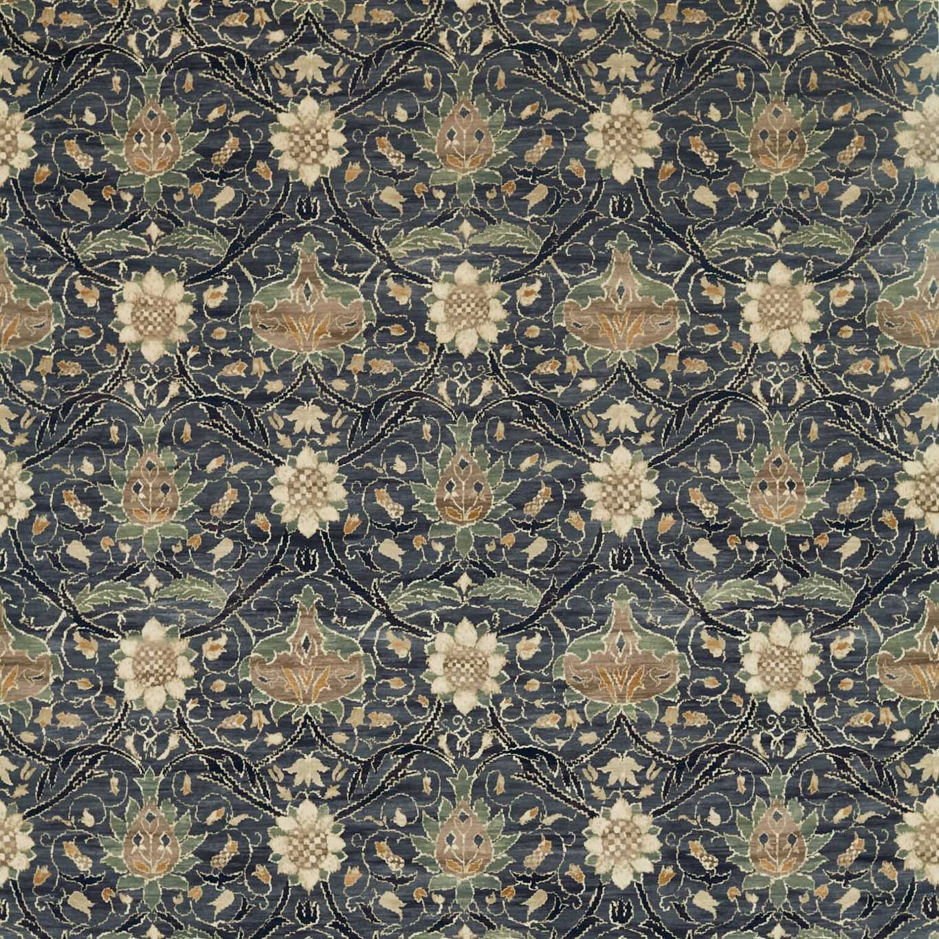a blue rug with a flower pattern on it