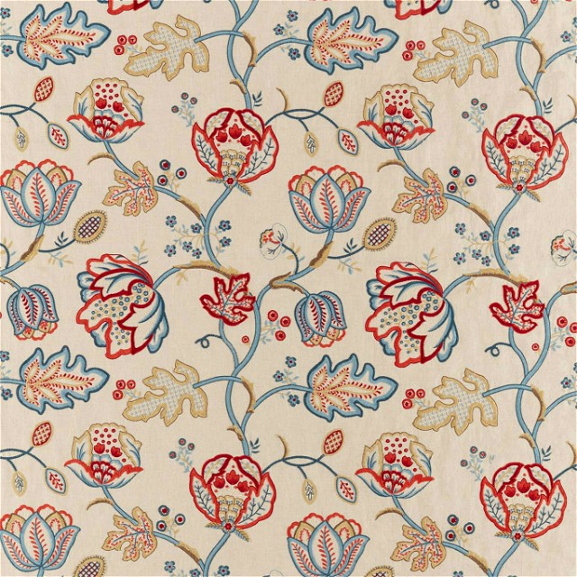 a red and blue floral design on a white background