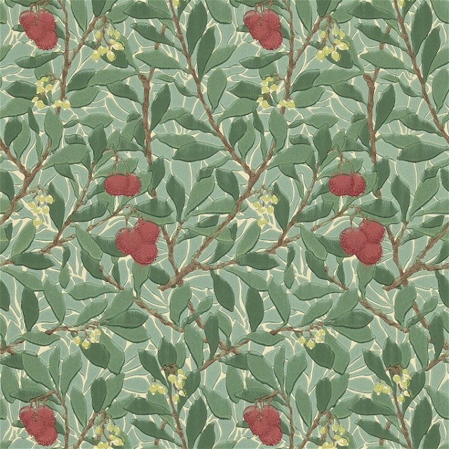 a pattern of leaves and berries on a green background