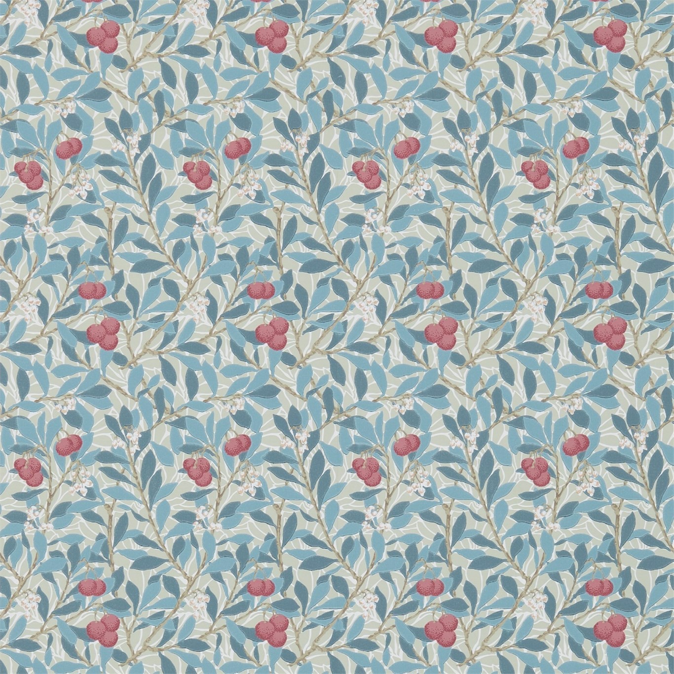 a blue and red wallpaper with leaves and berries