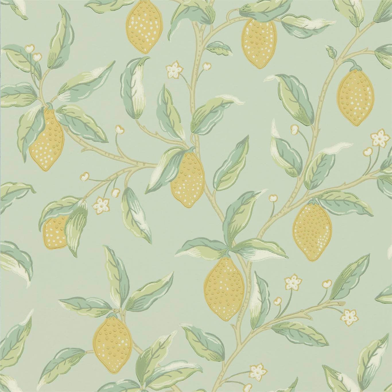 a green and yellow wallpaper with lemons on it